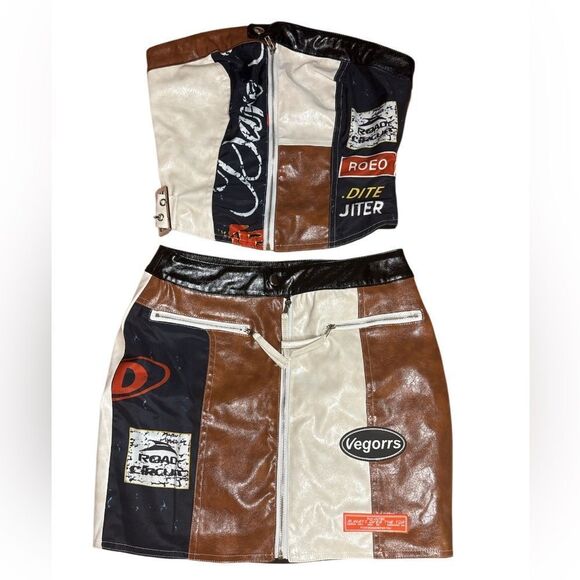 Fashion Nova Dresses & Skirts - Faux Leather Brown and Black Patchwork Skirt Set